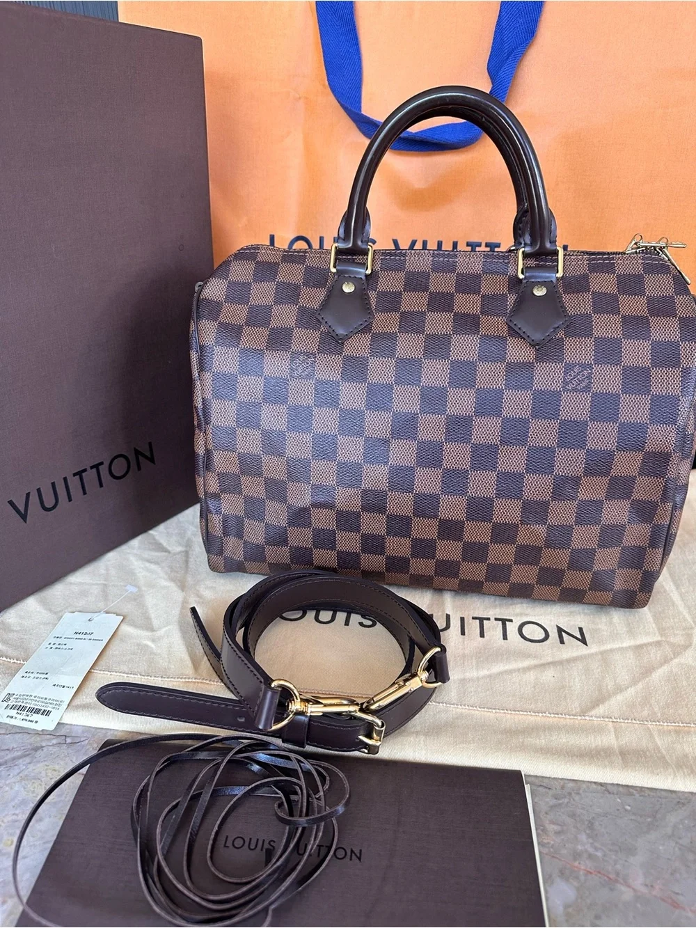 Louis Vuitton Damier Ebene Satchel in Brown with Gold Hardware